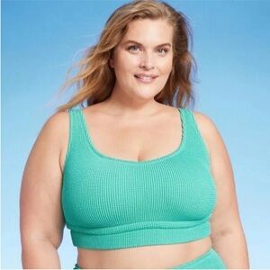 Kona Sol Teal Ribbed Pucker Scoop Neck Longline Bikini Top